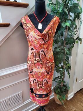 Hypnotik Orange Paisley Polyester V-Neck Sleeveless Casual Knee Length Dress 2X